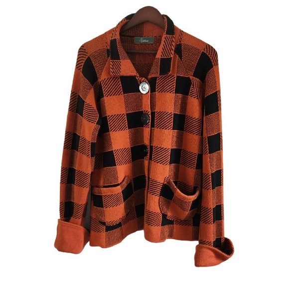 Willow Sweaters - Willow Orange Black Plaid Button Chunky Sweater Fall Autumn Pockets Women XL